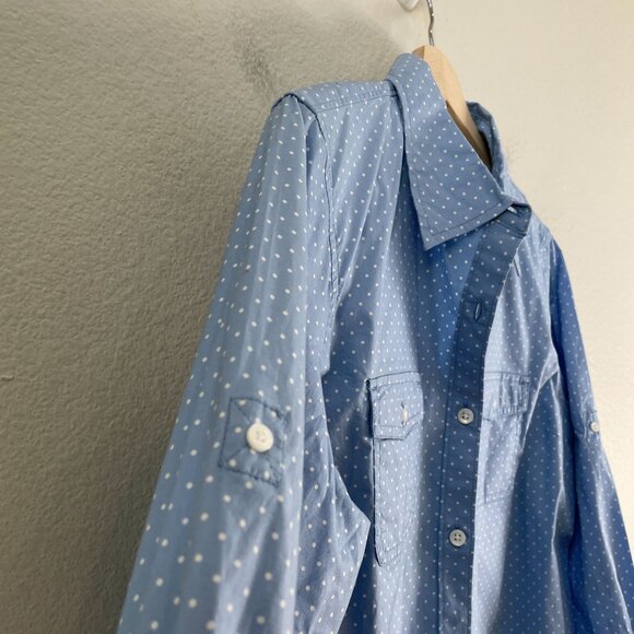 LL Bean Womens Medium Blue Polka Dot Button Up Shirt Roll Tab Sleeve Blouse Top - Picture 5 of 9